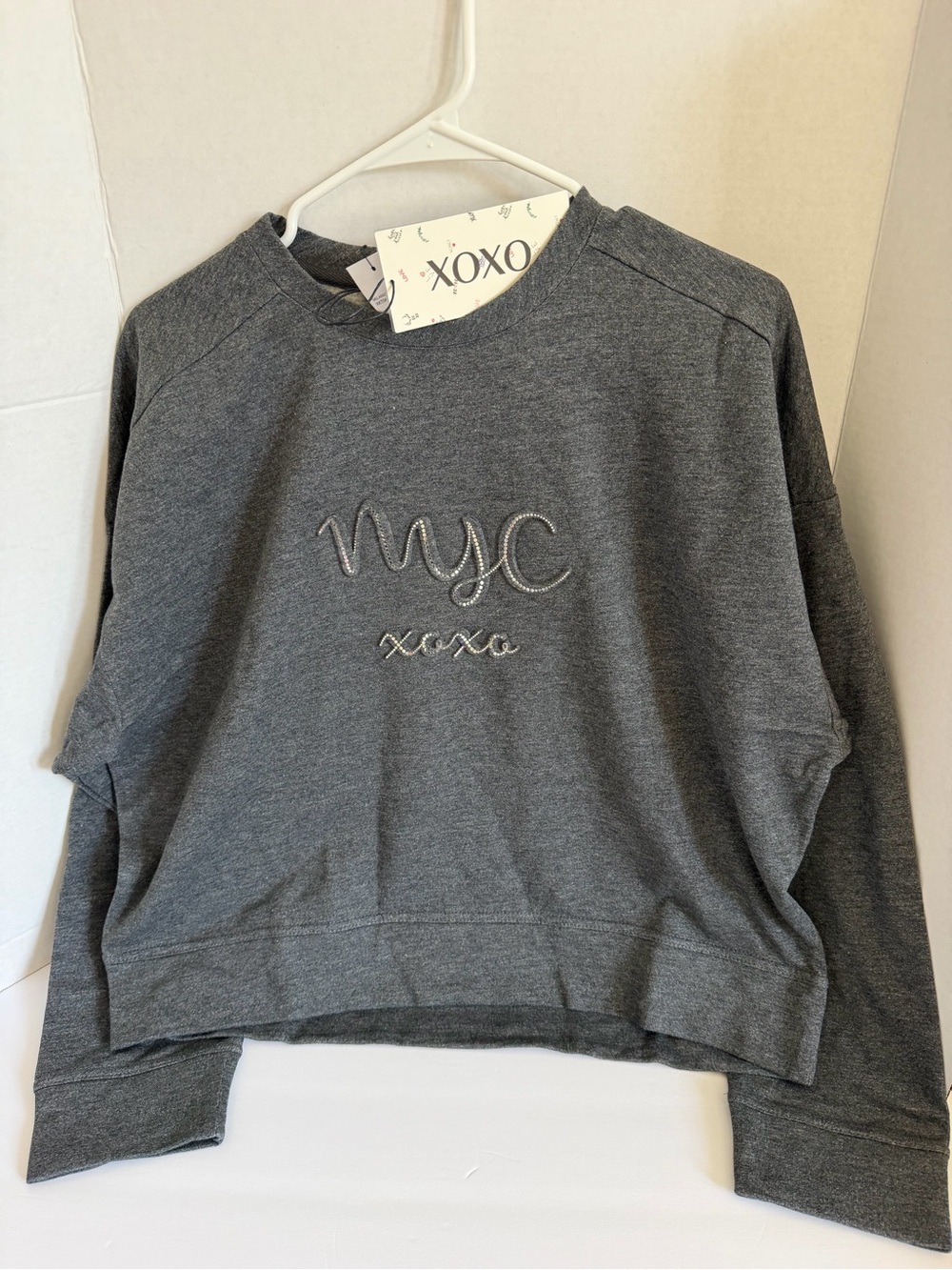 XOXO Women's Gray NYC Embroidered Pullover Sweatshirt